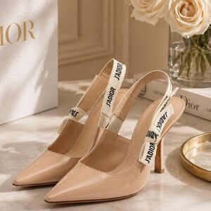 Christian Dior J’Adior Nude Patent Leather Calfskin Slingback Pumps w/ Ribbon